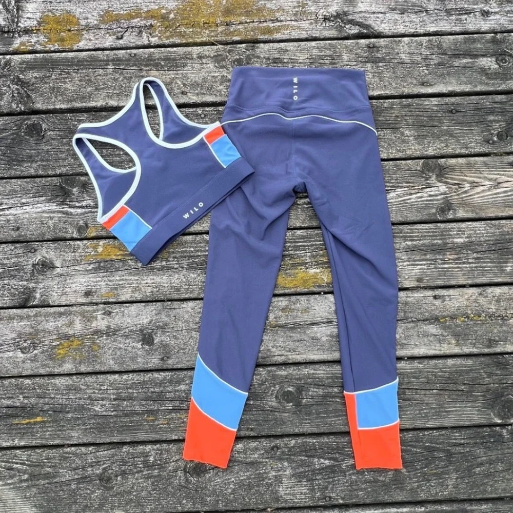 WILO Activewear Set Women Small Blue Orange Ribbed Colorblock Sports Bra Legging